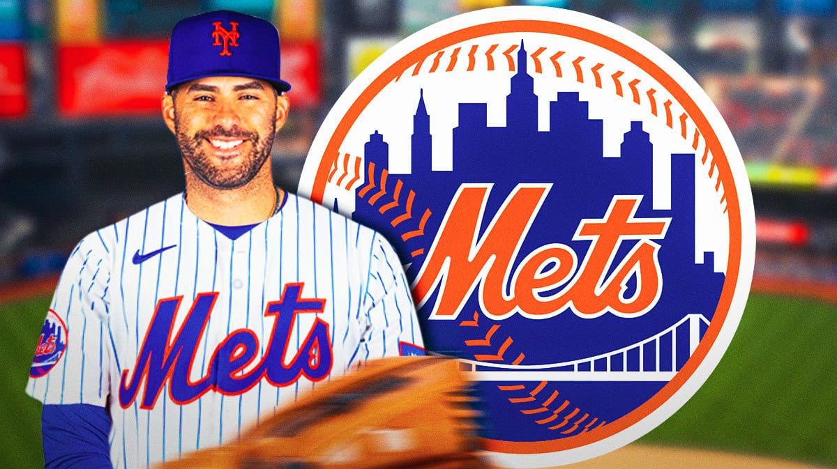 JD Martinez in a Mets jersey next to a Mets logo at Citi Field