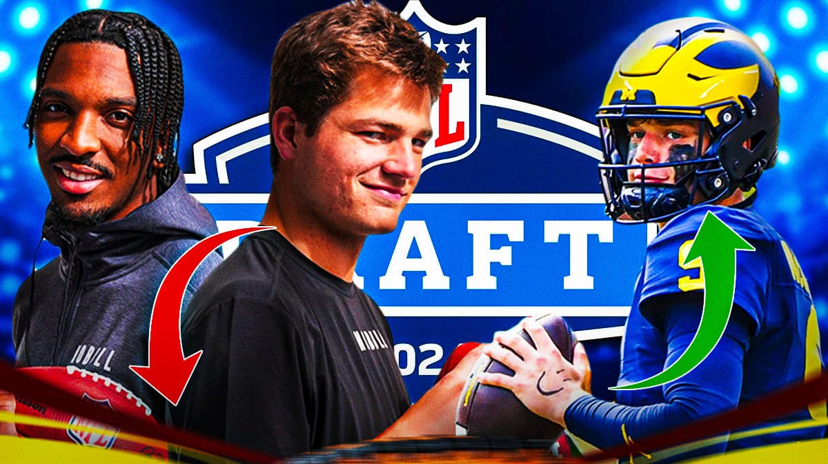 Jayden Daniels and Drake Maye with red down arrows in front of them and Commanders NFL draft prospect JJ McCarthy with a green up arrow in front of him all in front of a 2024 NFL draft background.