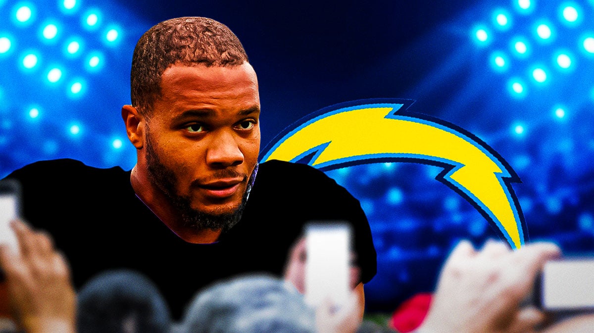 JK Dobbins in a blank jersey next to the Los Angeles Chargers logo