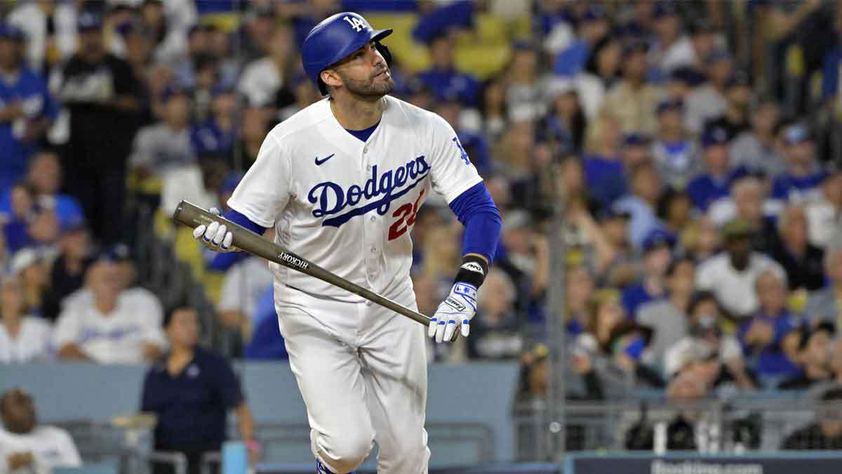 Los Angeles Dodgers designated hitter J.D. Martinez (28) hits a home run against the Arizona Diamondbacks during the fourth inning for game two of the NLDS for the 2023 MLB playoffs at Dodger Stadium