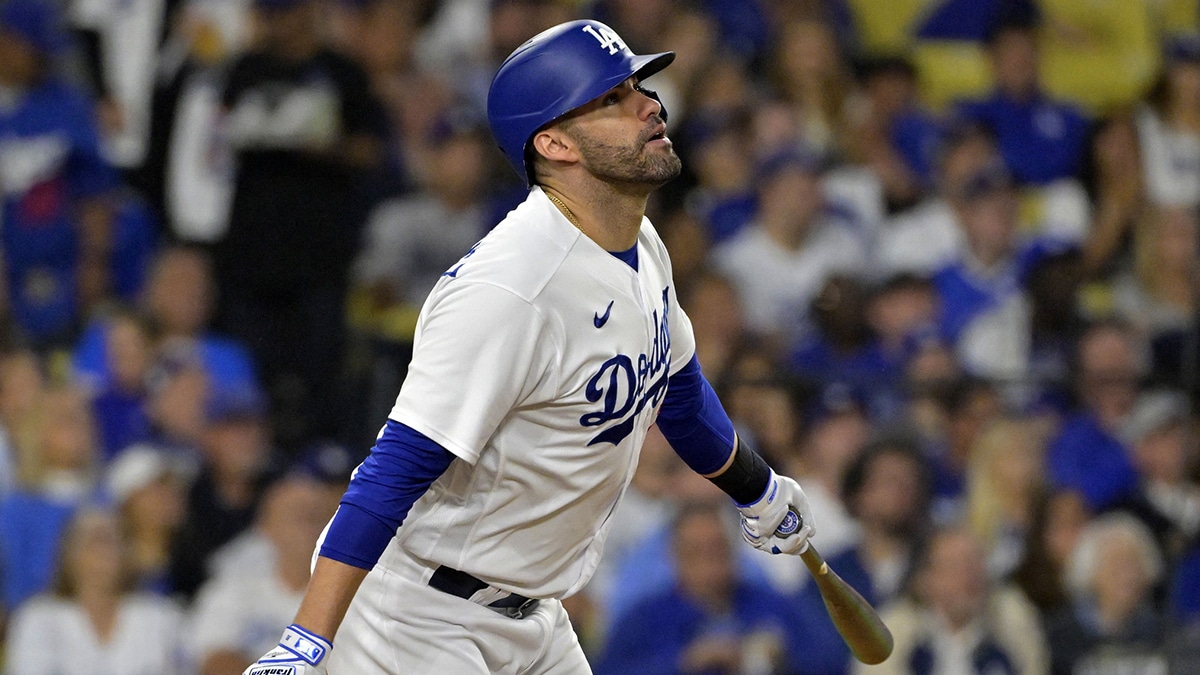 Los Angeles Dodgers designated hitter J.D. Martinez (28) hits a home run against the Arizona Diamondbacks during the fourth inning for game two of the NLDS for the 2023 MLB playoffs at Dodger Stadium.