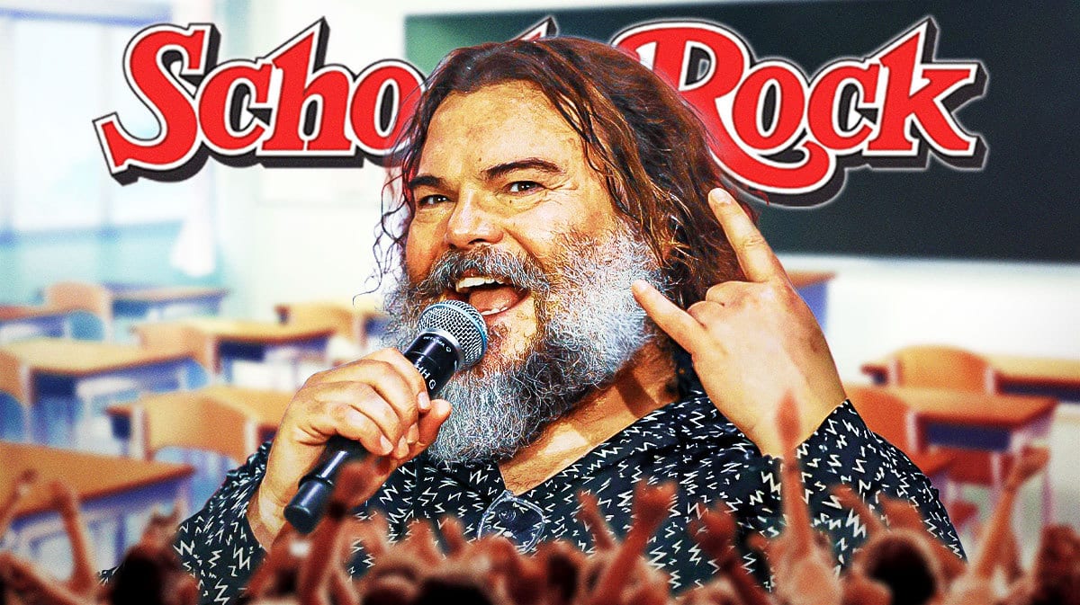 Jack Black with School of Rock logo and classroom background.