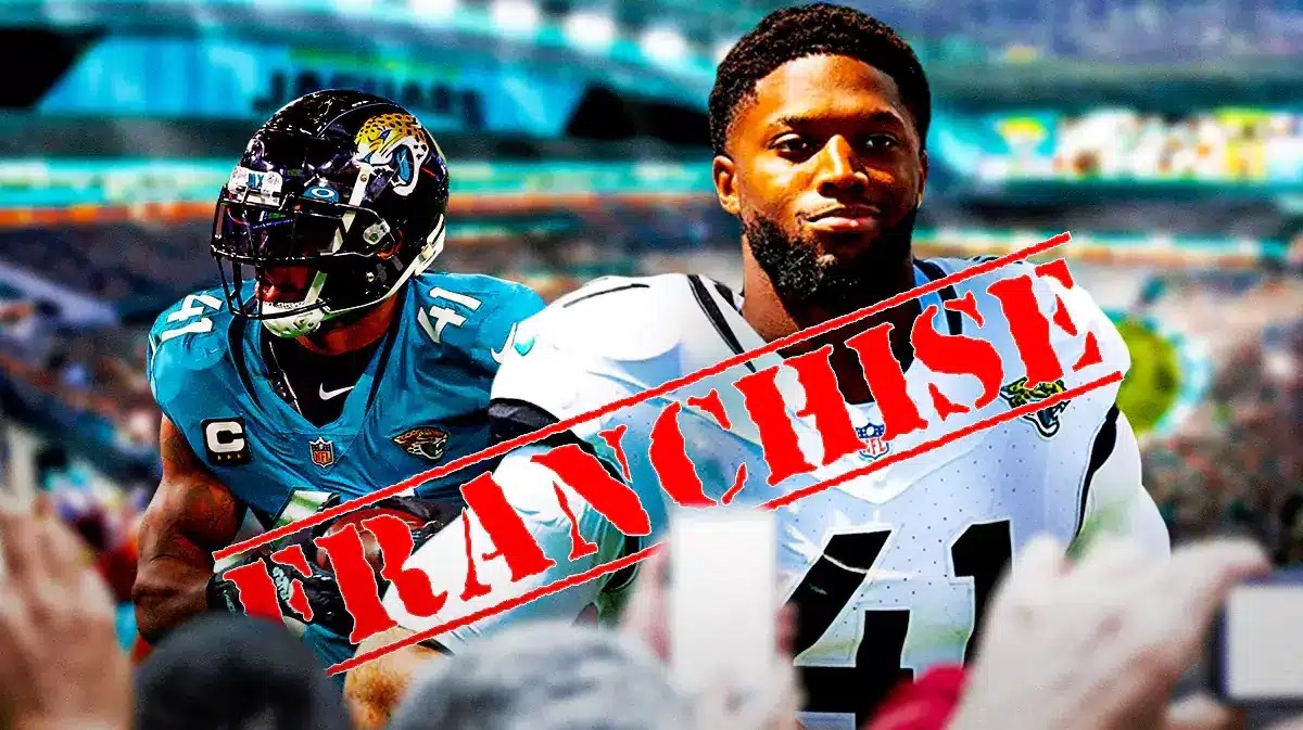 Jaguars Josh Allen in action with the word “FRANCHISE” tag stamped over him