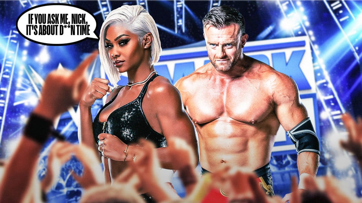 Jade Cargill with a text bubble reading “If you ask me, Nick, it's about d**n time” next to Nick Aldis with the SmackDown logo as the background.