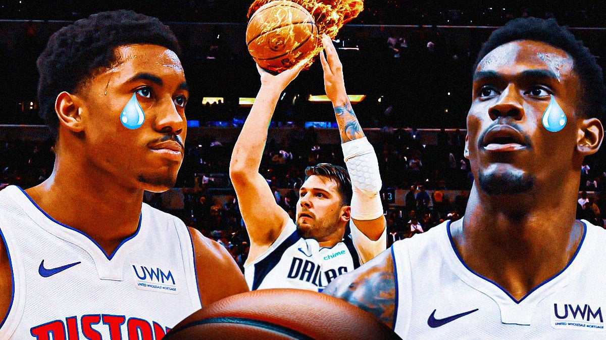 Pistons' Jaden Ivey, Jalen Duren in tears with Mavericks' Luka Doncic shooting a fireball in background