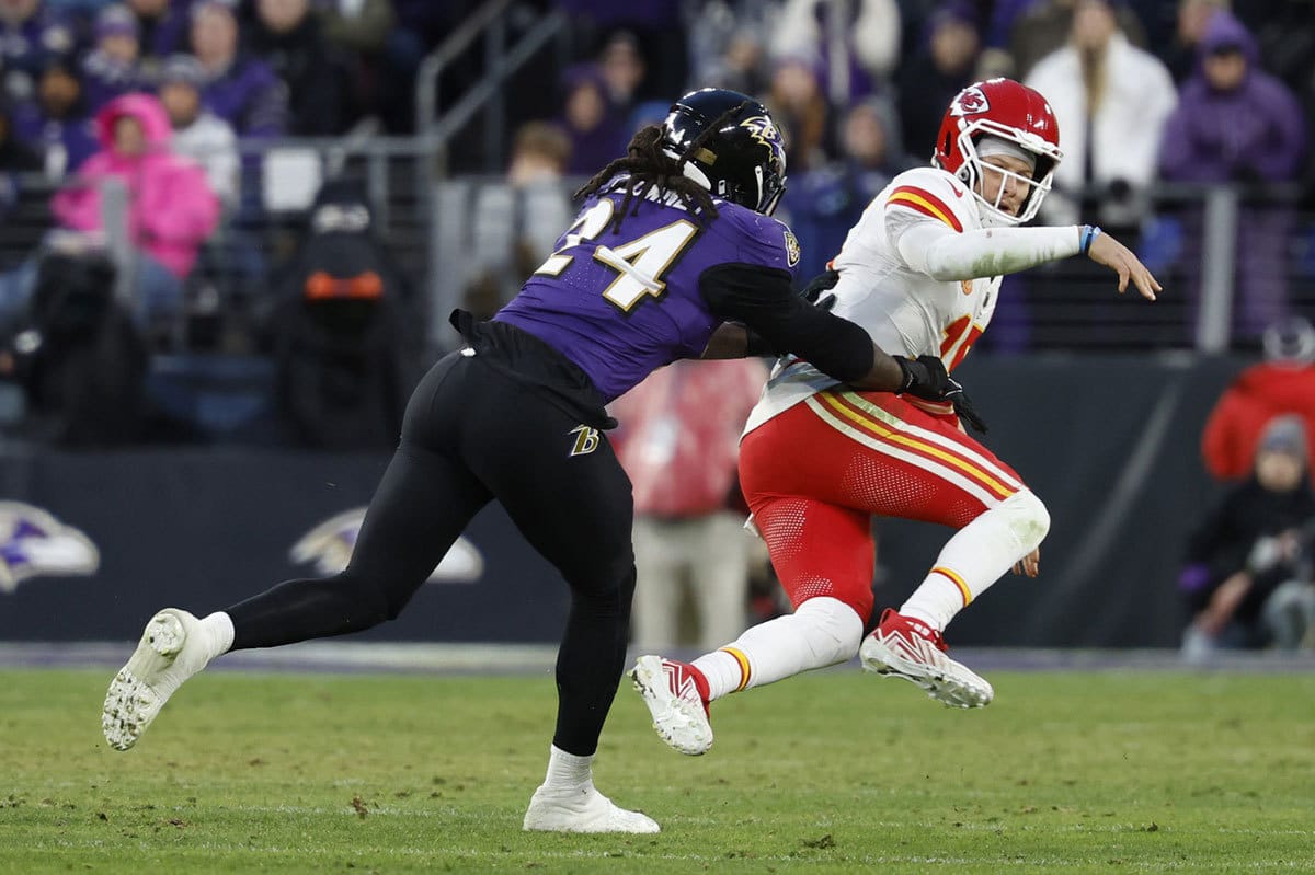 Upcoming free agent pass rusher Jadeveon Clowney attempting to sack Patrick Mahomes on the Baltimore Ravens