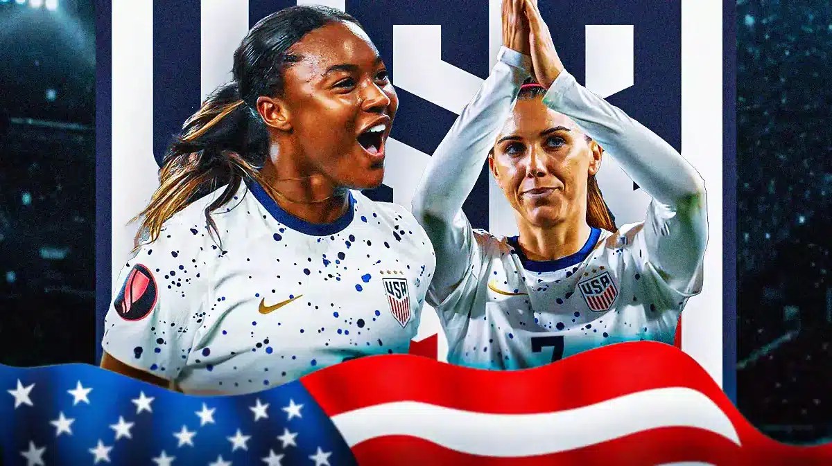 Jaedyn Shaw and Alex Morgan celebrating in front of the USWNT logo