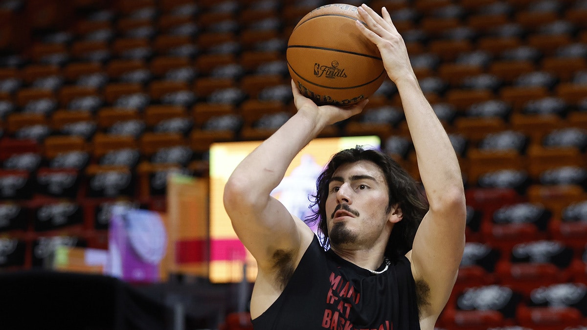 Miami Heat guard Jaime Jaquez Jr. (11) warms up before the game against the Washington Wizards at Kaseya Center.