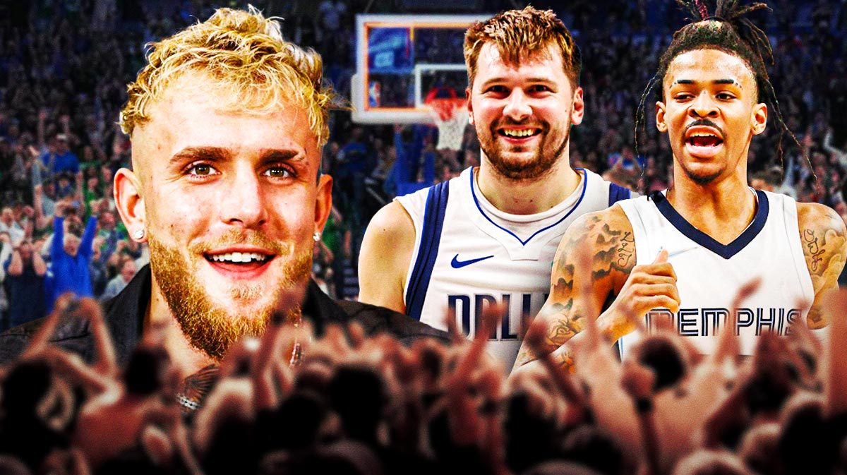 Jake Paul smiling, with Mavericks' Luka Doncic and Grizzlies' Ja Morant hyped up beside him