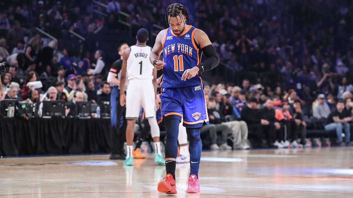 New York Knicks guard Jalen Brunson (11) takes to the court at the start of the game against the Brooklyn Nets at Madison Square Garden. 