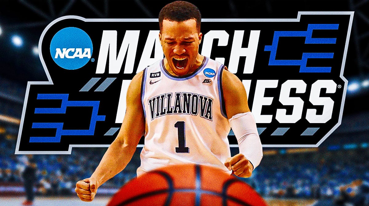 Jalen Brunson, March Madness, Villanova basketball, Knicks, Wildcats, Jalen Brunson in Villanova uni with March Madness logo in the background