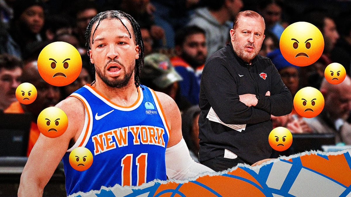 Jalen Brunson and Tom Thibodeau with a bunch of angry emojis around them