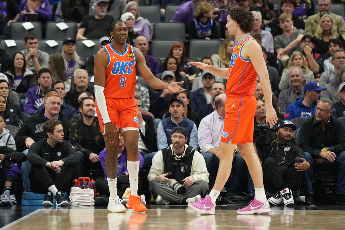 Oklahoma City Thunder forward Jalen Williams (8) is congratulated by guard Josh Giddey (right) after a basket against the Sacramento Kings during the first quarter at Golden 1 Center. 