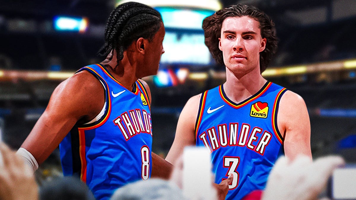 Thunder Jalen Williams smiling with his arm around Josh Giddey