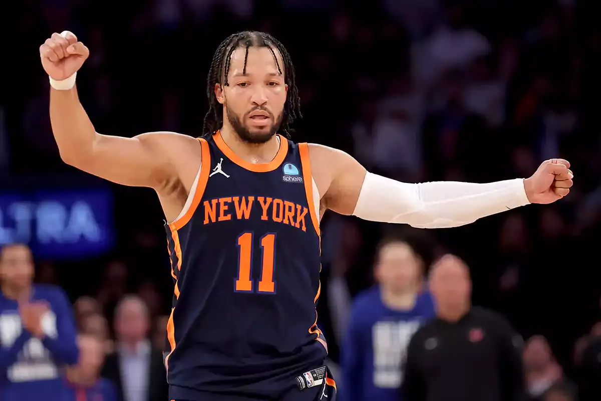 New York Knicks guard Jalen Brunson (11) reacts during the fourth quarter against the Detroit Pistons at Madison Square Garden.