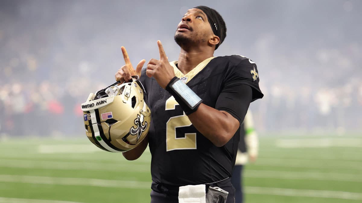 New Orleans Saints quarterback Jameis Winston (2) gestures before the game against the New York Giants at Caesars Superdome.