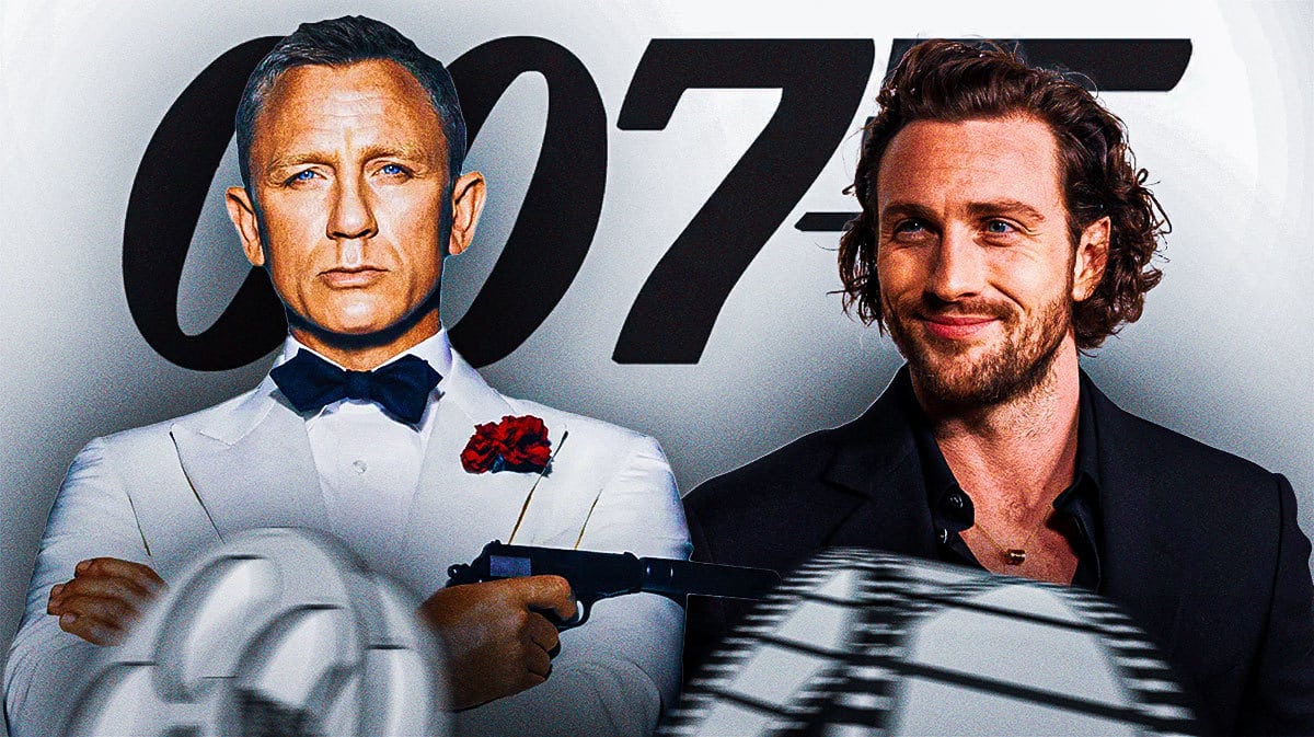 DanieL Craig as James Bond and 007 logo with MCU star Aaron Taylor-Johnson.