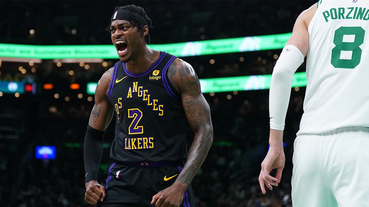  Los Angeles Lakers forward Jarred Vanderbilt (2) reacts after a play against then Boston Celtics in the first quarter at TD Garden.