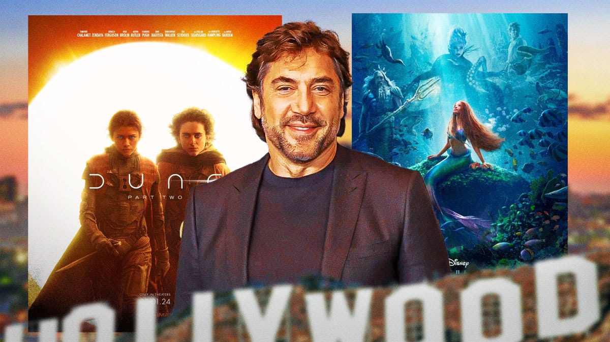 Javier Bardem with Dune: Part Two and The Little Mermaid posters.