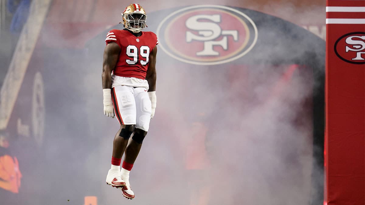San Francisco 49ers defensive tackle Javon Kinlaw (99) is introduced before the start of the game against the Baltimore Ravens at Levi's Stadium.