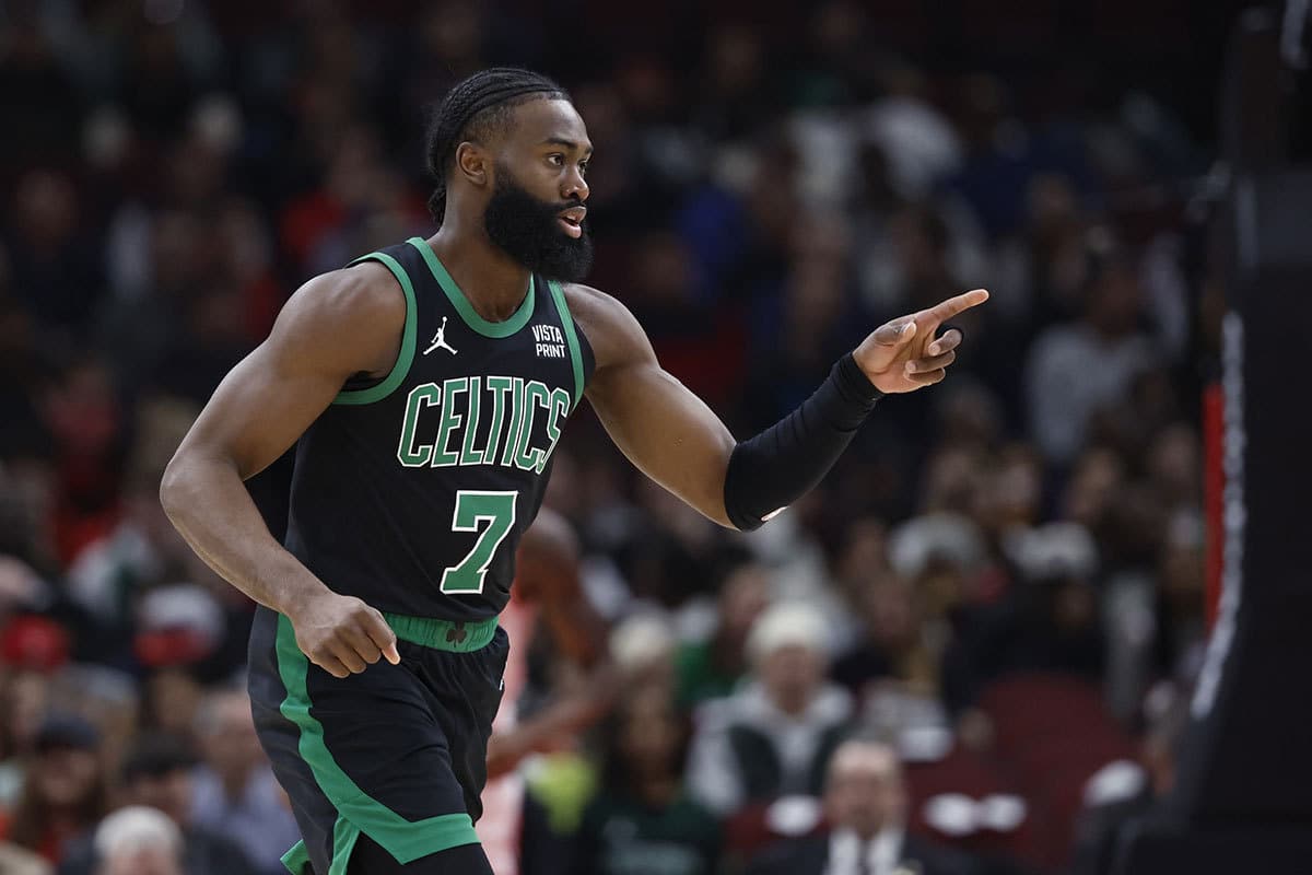 Boston Celtics guard Jaylen Brown (7) reacts after scoring against the Chicago Bulls during the first half at United Center.