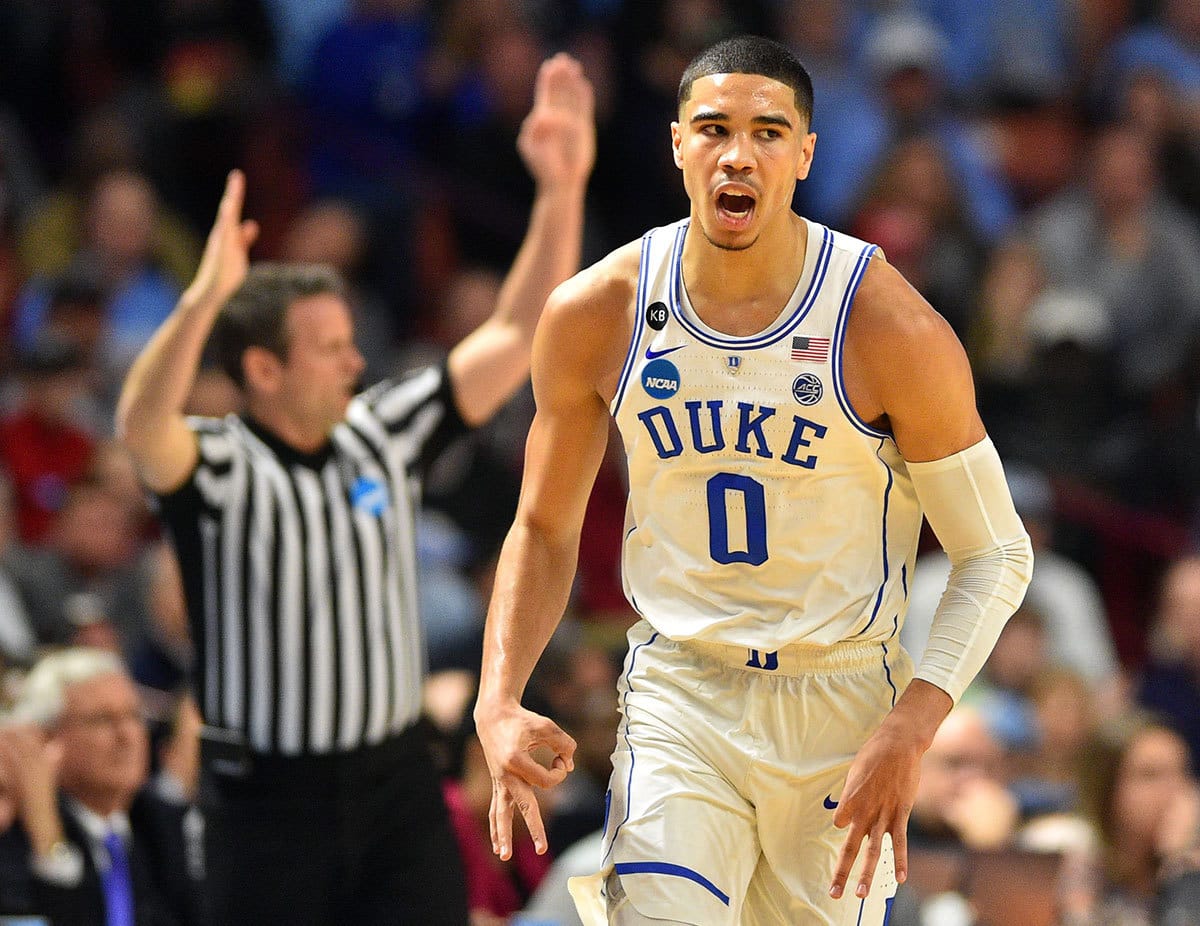 Duke Blue Devils forward Jayson Tatum (0) reacts after a three point basket during the first half in the second round of the 2017 NCAA Tournament at Bon Secours Wellness Arena