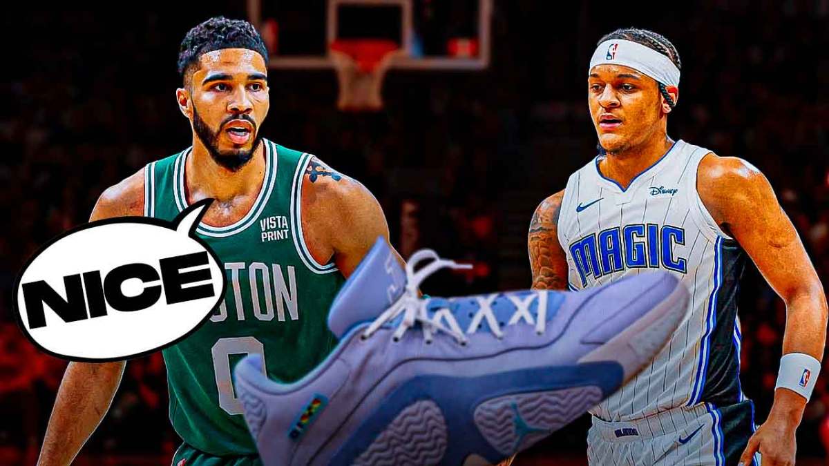 Jayson Tatum reacting to Paolo Banchero wearing his Jordan Tatum 2 sneakers