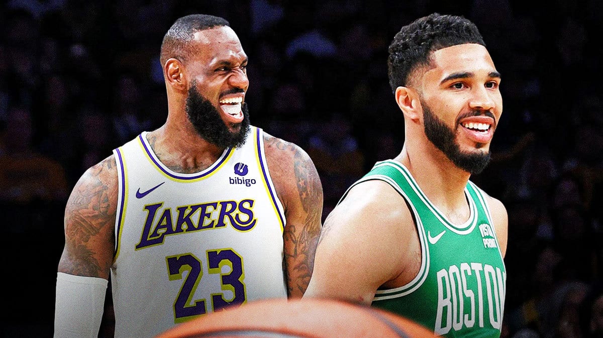 Celtics' Jayson Tatum and Lakers' LeBron James smiling next to each other on a basketball court background