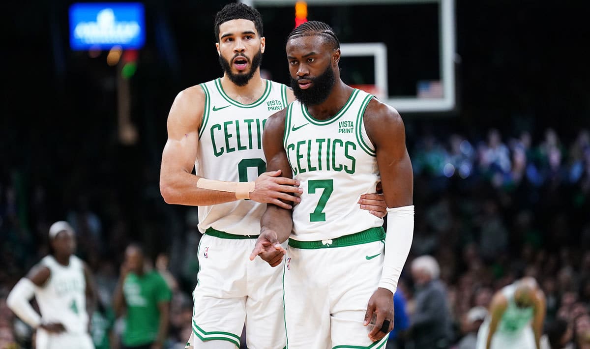Boston Celtics forward Jayson Tatum (0) and guard Jaylen Brown (7) on the court against the Cleveland Cavaliers in the second half at TD Garden.