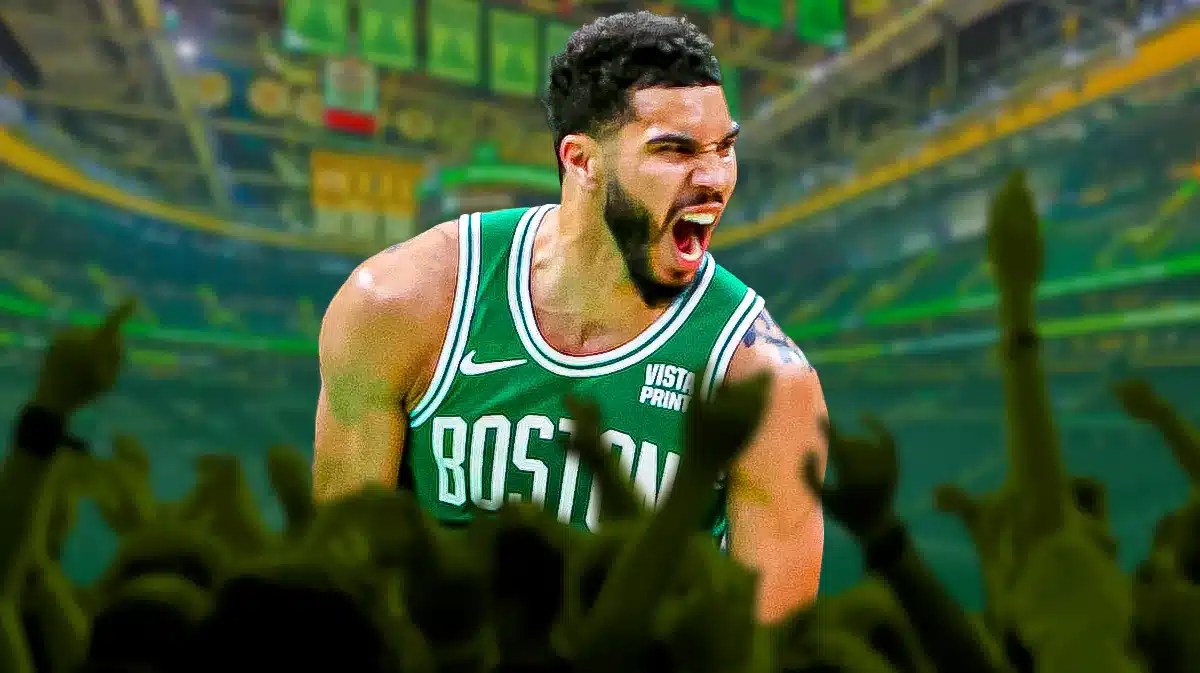Jayson Tatum with the Celtics arena in the background, Warriors