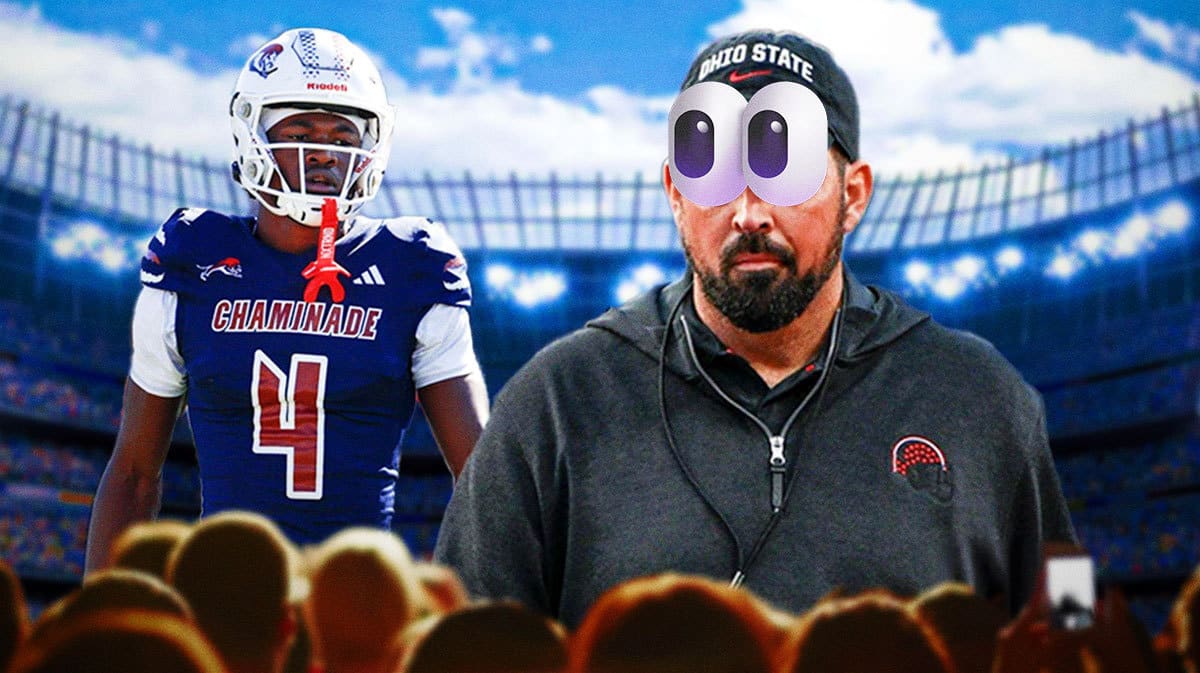 Ohio State coach Ryan Day looking at Jeremiah Smith.