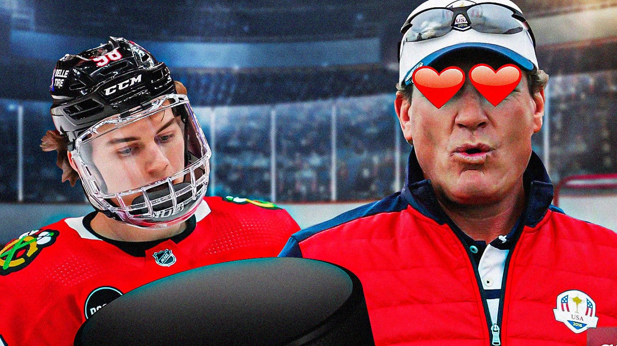 Photo: Connor Bedard with fire around him in action in Blackhawks jersey, Jeremy Roenick with heart eyes looking at Bedard