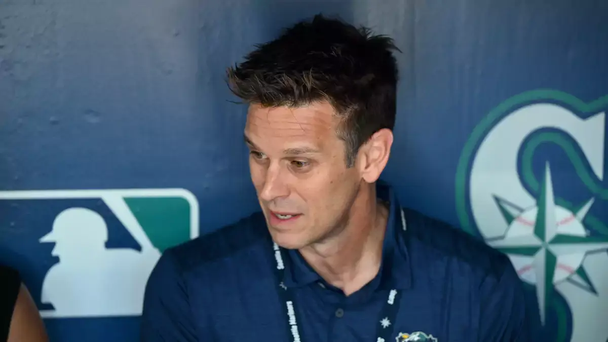 Seattle Mariners President of Baseball Operations Jerry Dipoto talks with the media prior to the game against the Boston Red Sox at T-Mobile Park.
