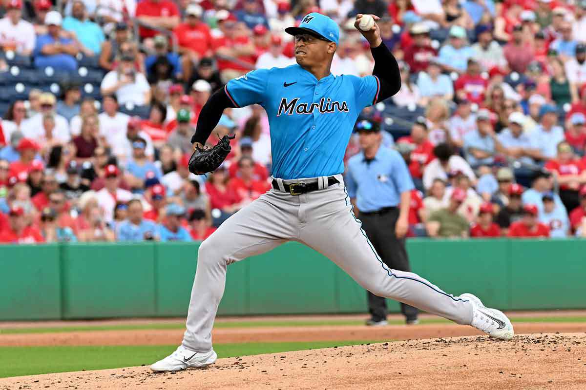 Miami Marlins pitcher Jesus Luzardo (44) throws a pitch in the first inning of the spring training game against the Philadelphia Phillies at BayCare Ballpark.