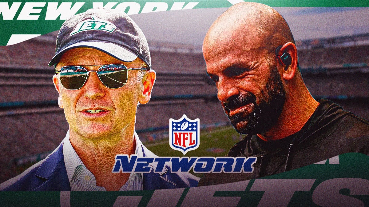 Jets owner Woody Johnson stands next to Robert Johnson and NFL Network logo