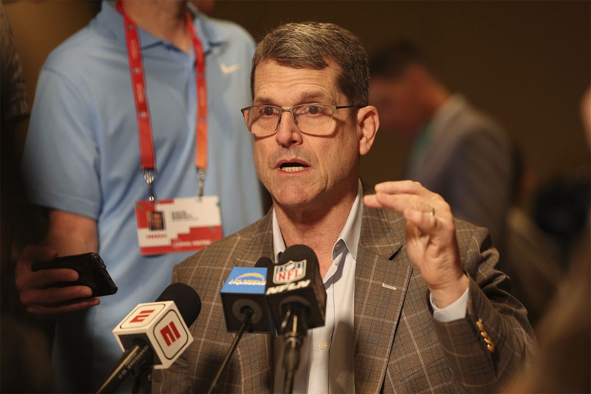 Los Angeles Chargers head coach Jim Harbaugh talks to media during the NFL annual league meetings at the JW Marriott.