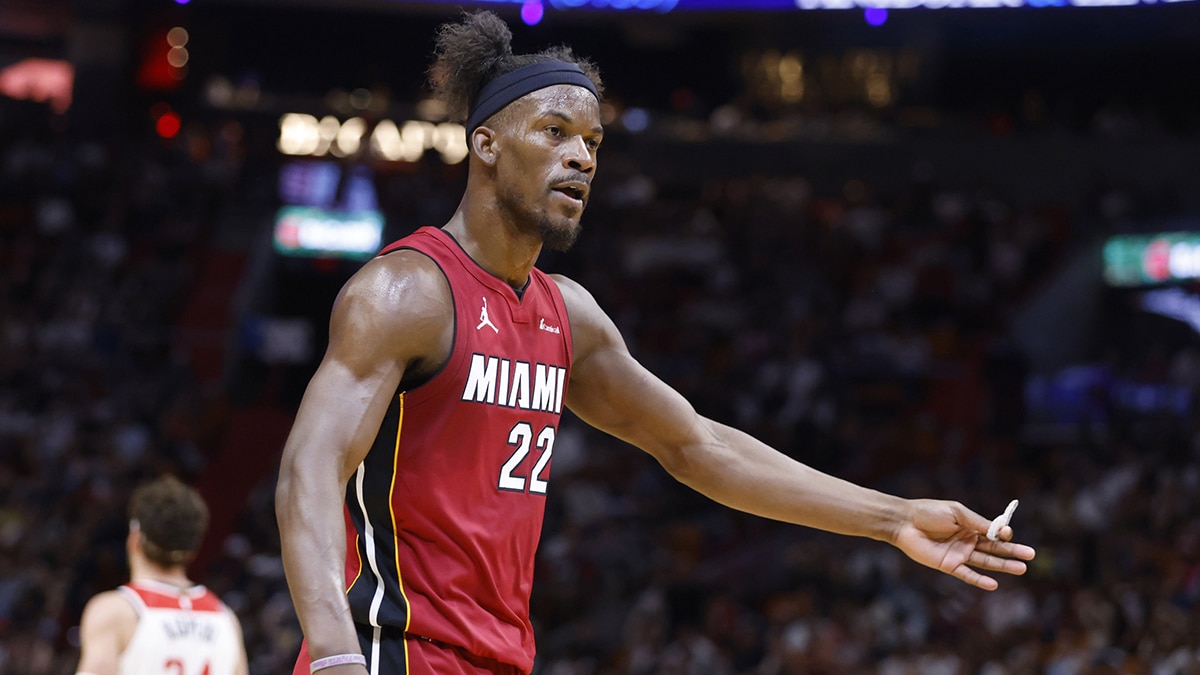 Miami Heat forward Jimmy Butler (22) argues a call against the Washington Wizards in the first half at Kaseya Center.