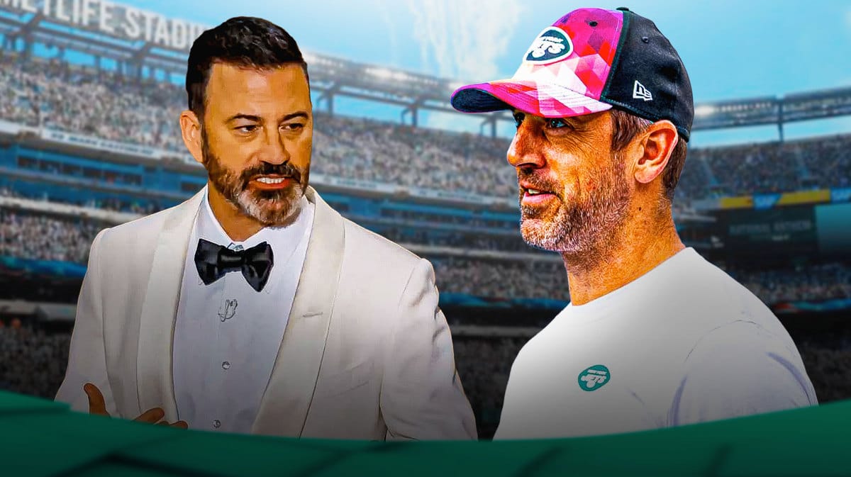 Jimmy Kimmel continues his feud with Jets quarterback Aaron Rodgers, floating a conspiracy theory about him on his show.