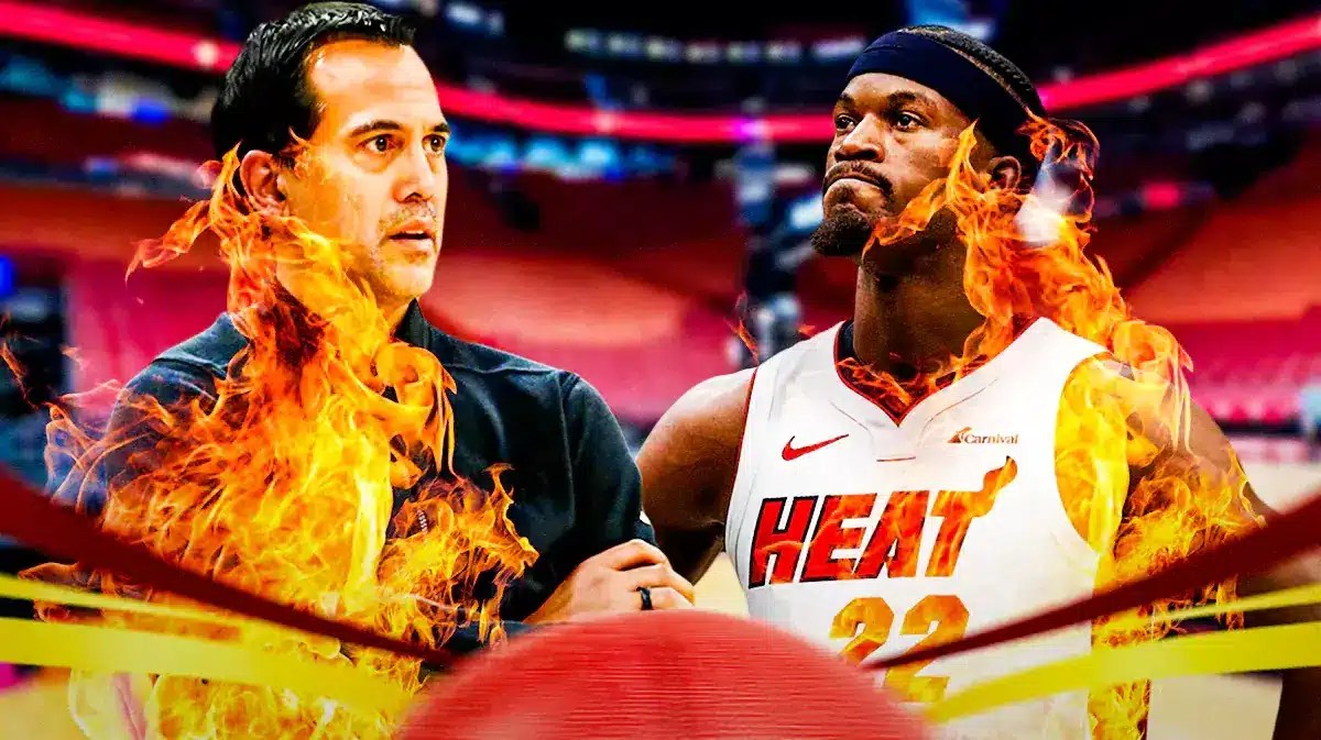 Miami Heat star Jimmy Butler and head coach Erik Spoelstra in front of the Kaseya Center.
