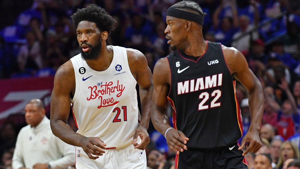  Philadelphia 76ers center Joel Embiid (21) and Miami Heat forward Jimmy Butler (22) during the first quarter at Wells Fargo Center