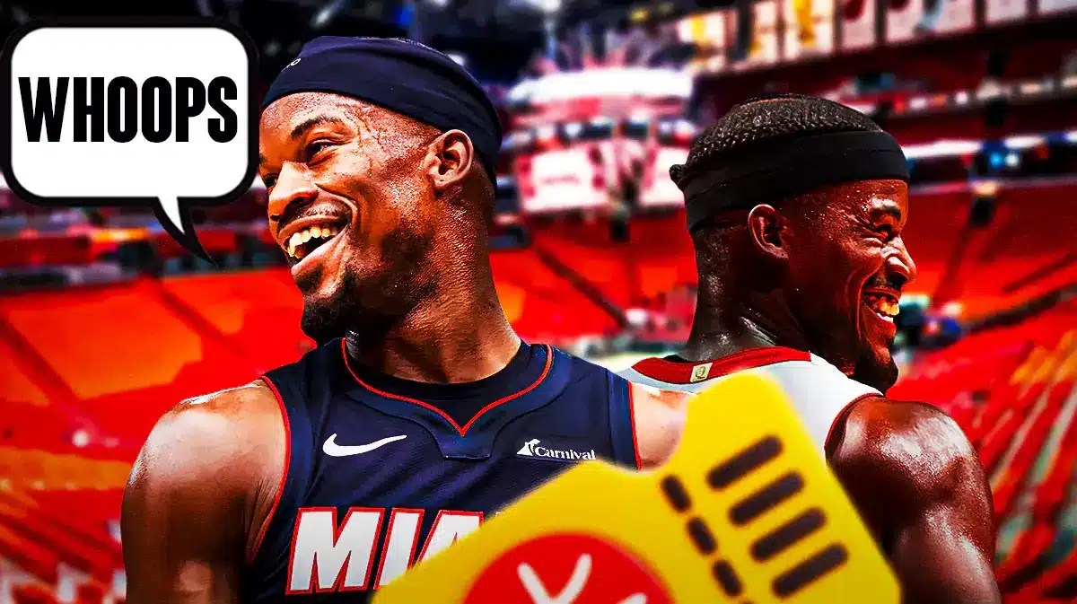 Miami Heat star Jimmy Butler saying "Whoops" in front of the Kaseya Center.