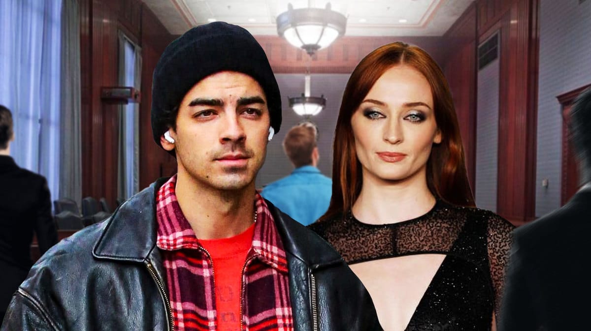 Sophie Turner and Joe Jonas with court room behind them