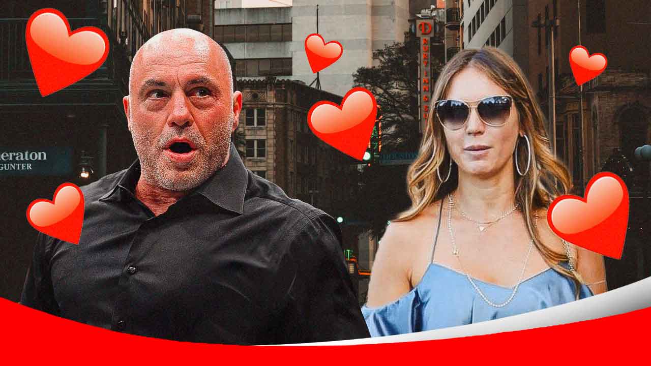 Joe Rogan and Jessica Ditzel surrounded by hearts.