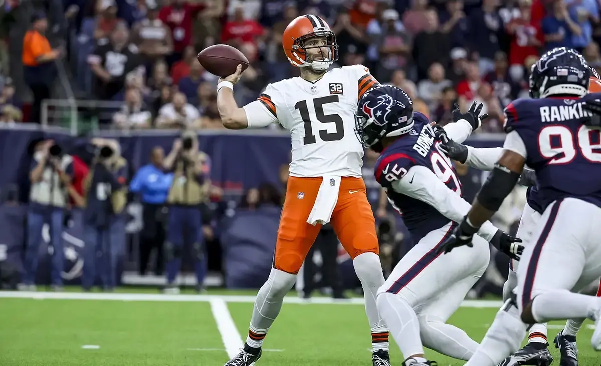 Jan 13, 2024; Houston, Texas, USA; Cleveland Browns quarterback Joe Flacco (15) throws the ball during the second quarter in a 2024 AFC wild card game at NRG Stadium. Mandatory Credit: Troy Taormina-USA TODAY Sports
