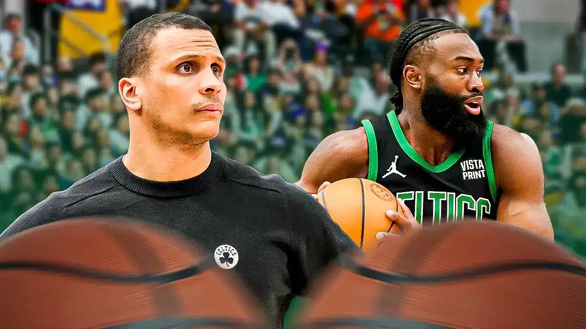 Boston Celtics head coach Joe Mazzulla. Jaylen Brown with basketball