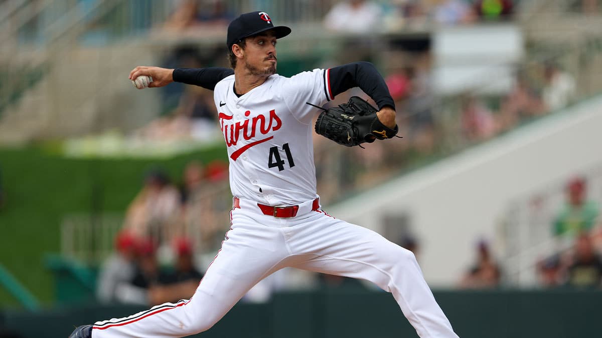 Minnesota Twins starting pitcher Joe Ryan (41) throws a pitch against the Boston Red Sox in the first inning at Hammond Stadium.