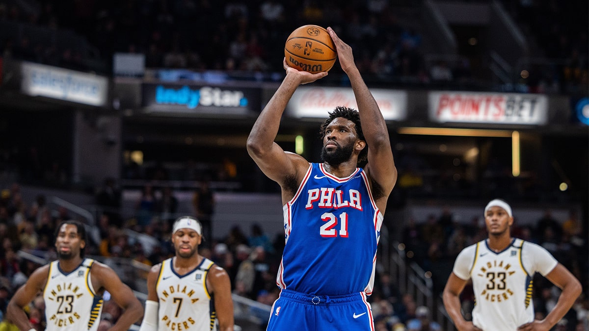 Philadelphia 76ers center Joel Embiid (21) shoots the ball in the second half against the Indiana Pacers at Gainbridge Fieldhouse.