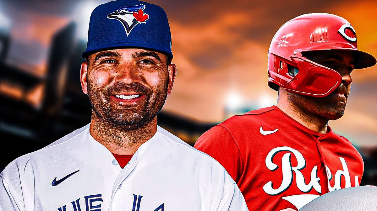Joey Votto in a Blue Jays uniform smiling on left. Joey Votto in a Reds uniform looking sad on right.