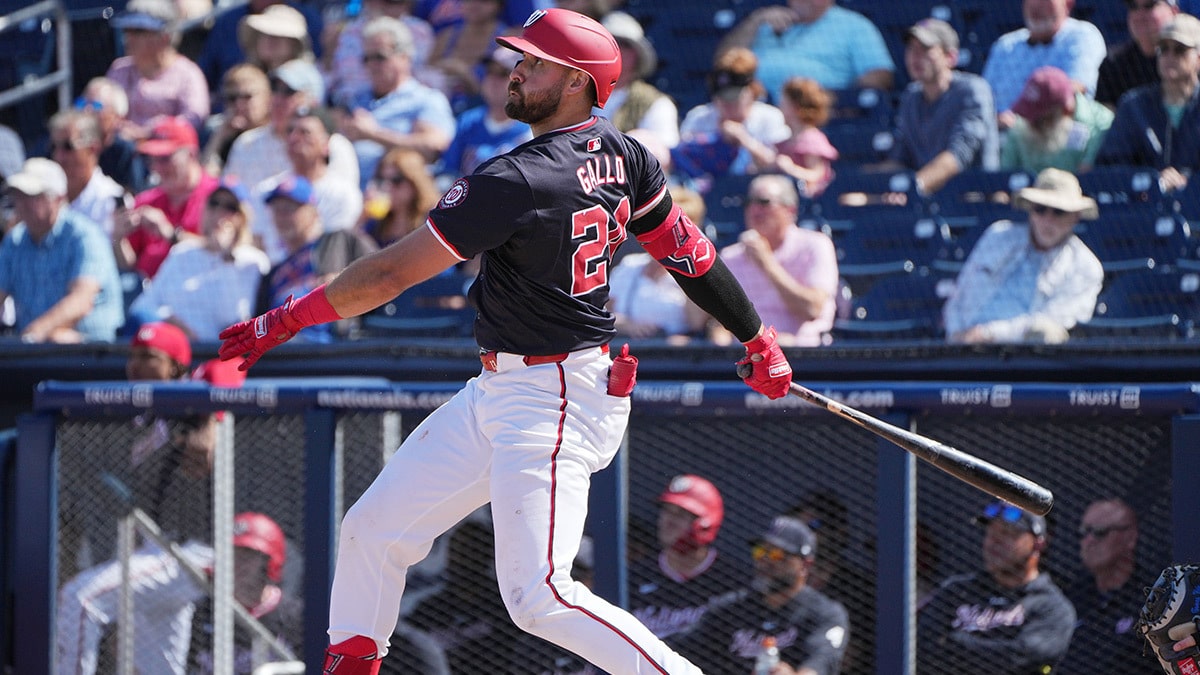  Washington Nationals left fielder Joey Gallo (24) pops out to left field in the fourth inning against the New York Mets at CACTI Park of the Palm Beaches.