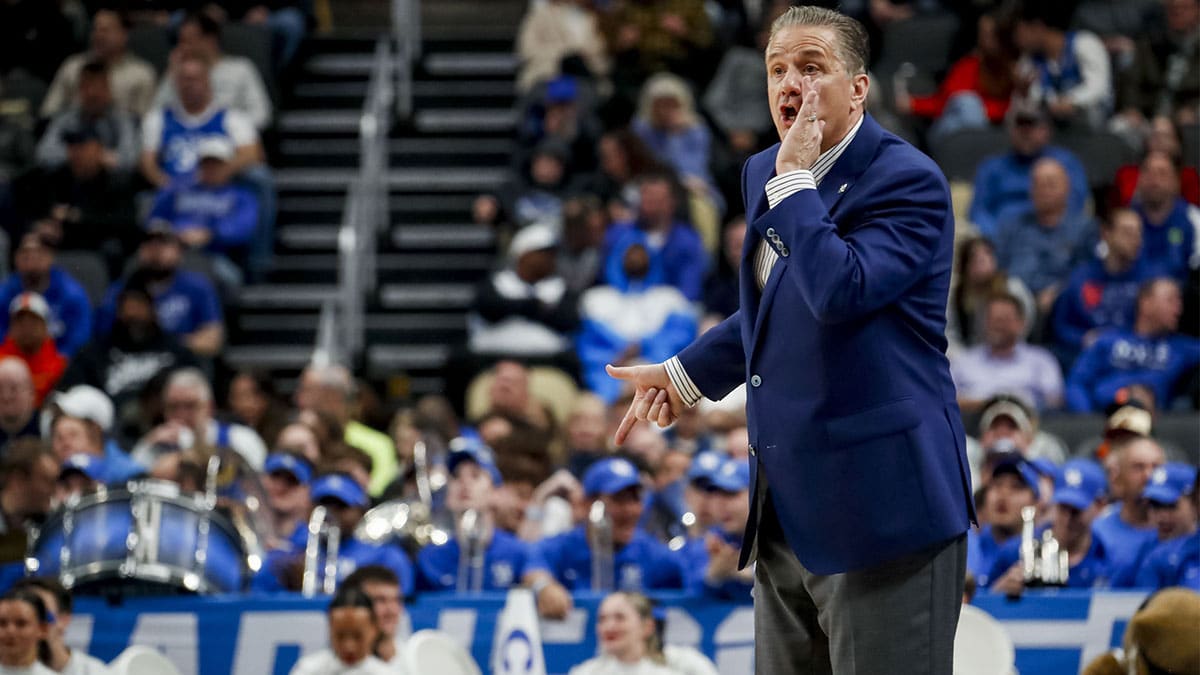  Kentucky Wildcats head coach John Calipari reacts to a play in the first round of the 2024 NCAA Tournament at PPG Paints Arena.